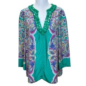 Tibi - Women’s Vintage Blouse, Paisley Silk Beading Tunic V-Neck - Green, Size 4